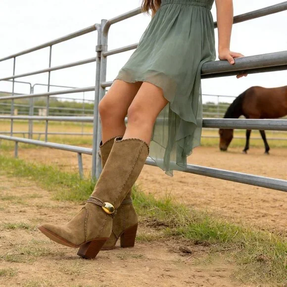 Women's Camel Suede Cowboy Pointed Toe Knee High Chunky Stylish Comfortable Heel - Picture 3 of 7